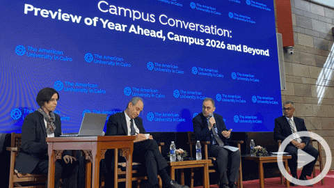 Four people sitting in a panel, text reads "Campus Conversation: Preview of Year Ahead, Campus 2026 and Beyond"