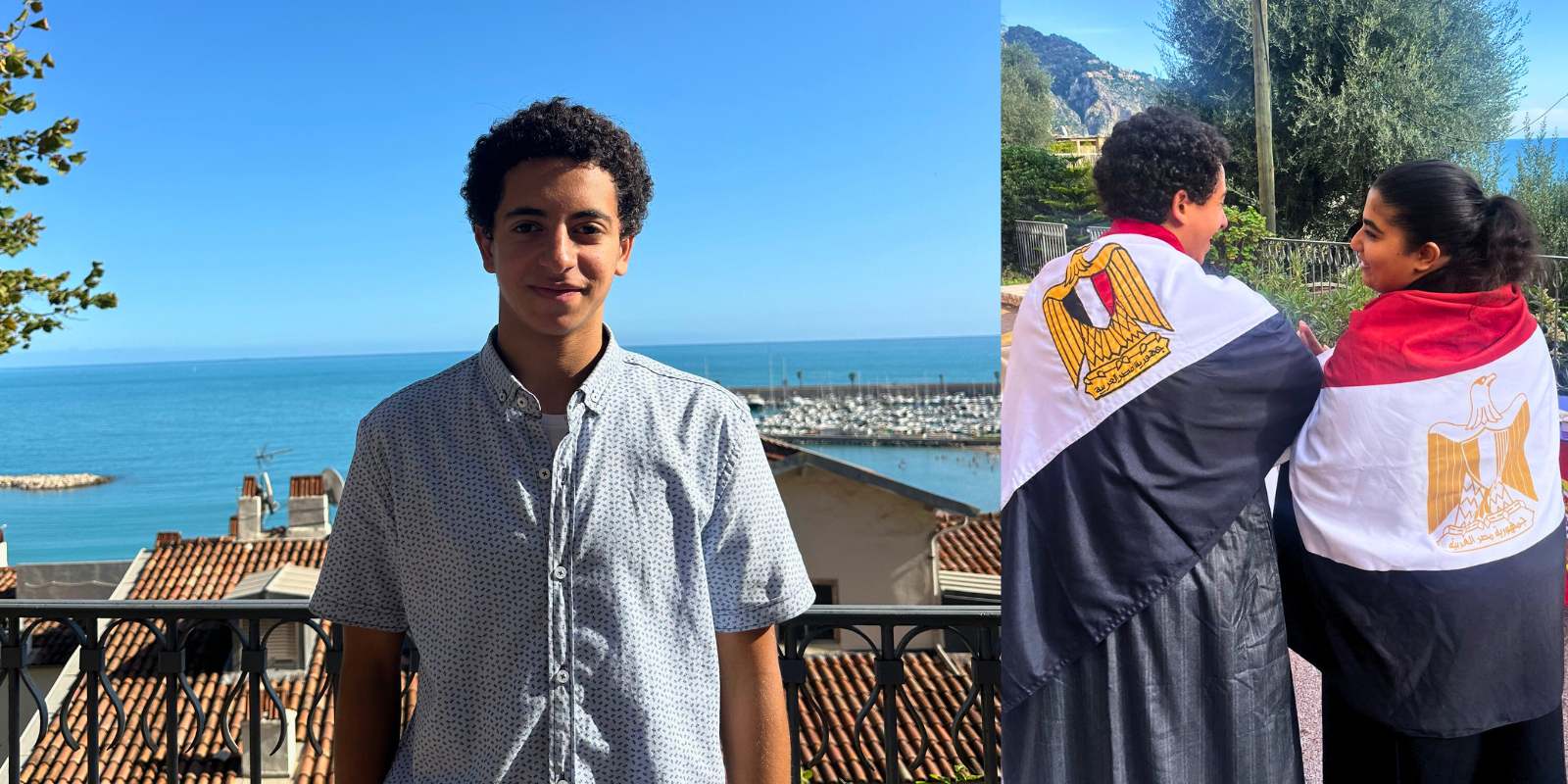 Two images of Marwan Shawwara: (Left) Marwan poses in front of a picturesque gate overlooking charming rooftops and a beautiful blue beach, with yachts parked in the distance on the right side of the shore; Marwan stands with a girl, smiling at each other with their backs to the camera, each with an Egyptian flag draped over their backs. 