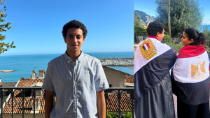 Two images of Marwan Shawwara: (Left) Marwan poses in front of a picturesque gate overlooking charming rooftops and a beautiful blue beach, with yachts parked in the distance on the right side of the shore; Marwan stands with a girl, smiling at each other with their backs to the camera, each with an Egyptian flag draped over their backs. 