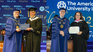 A collage of two faculty members standing with the AUC president, each holding their faculty merit award at commencement