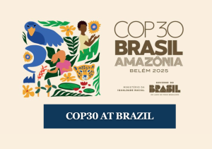 Colorful cartoon image of a tiger, a parrot, a male, a female and trees. Text: COP30 Amazonia Brasil